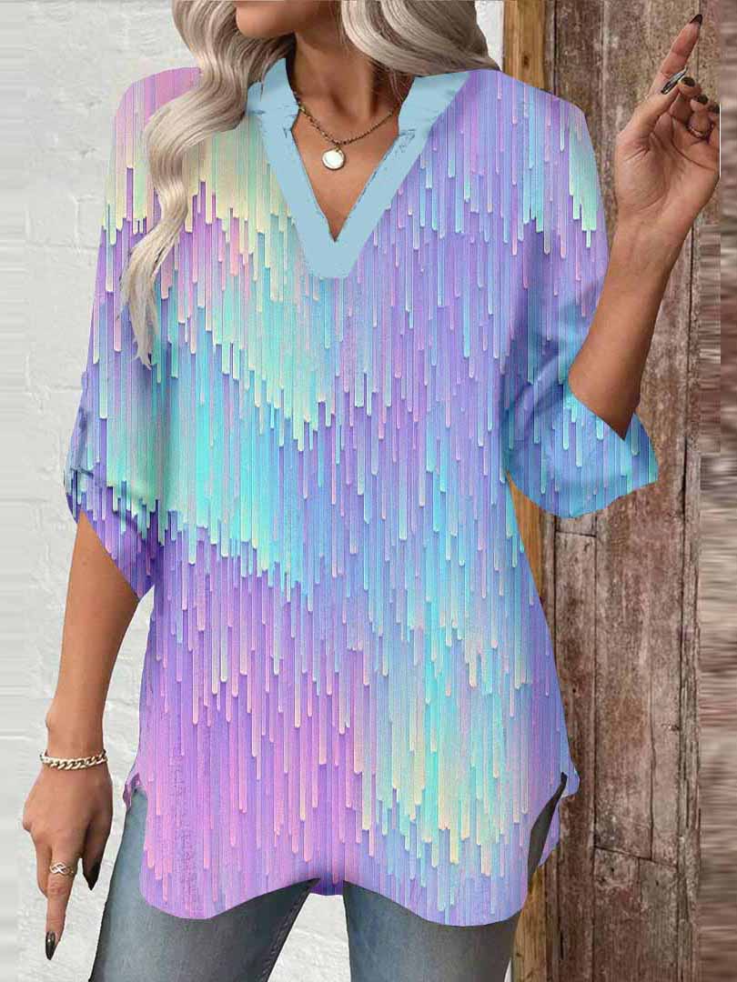 Women Shiny, Purple DZGA0356 3/4 Sleeve V-neck Printed Graphic Button Tops