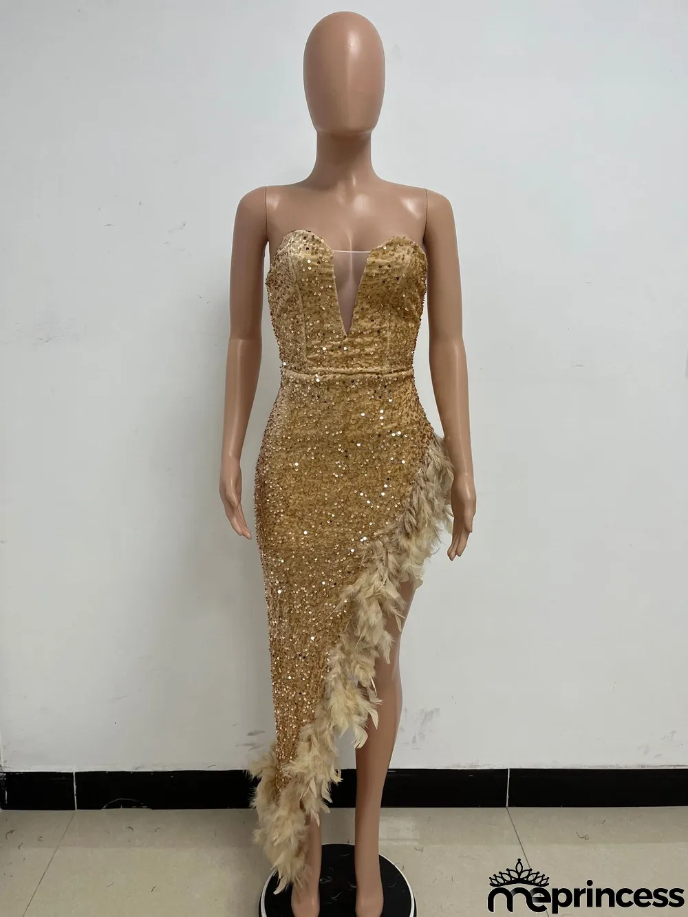 Women Sexy Off Shoulder Backless Sequin Feather Dress