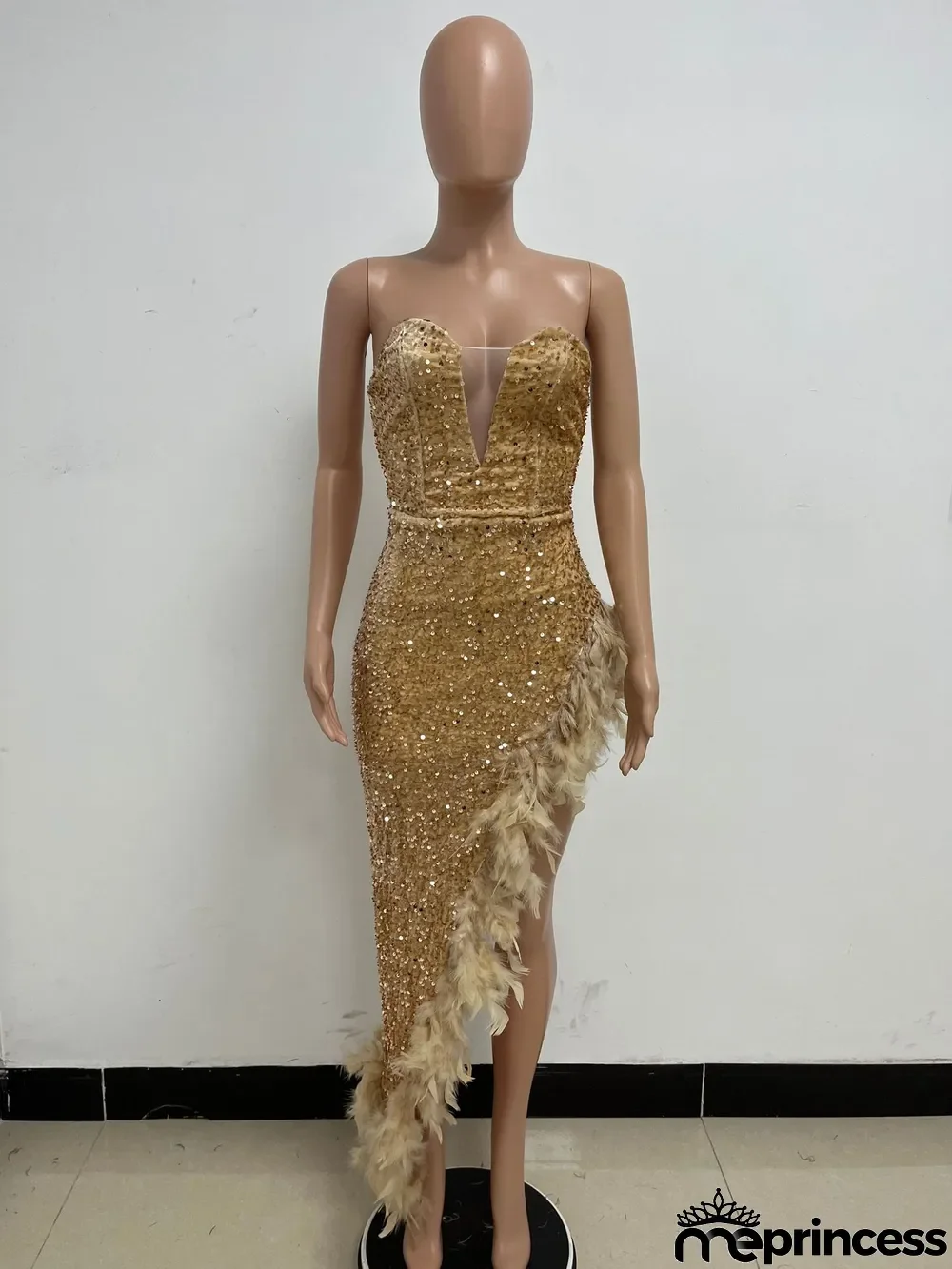 Women Sexy Off Shoulder Backless Sequin Feather Dress