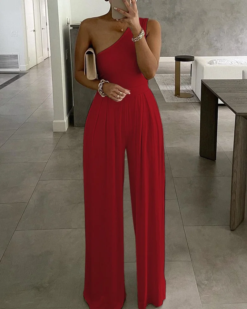 Women Studded Cutout Ruched Wide Leg Jumpsuit New Elegant Round Neck Sleeveless Long Pants Office Lady Casual Clothing 2022 New