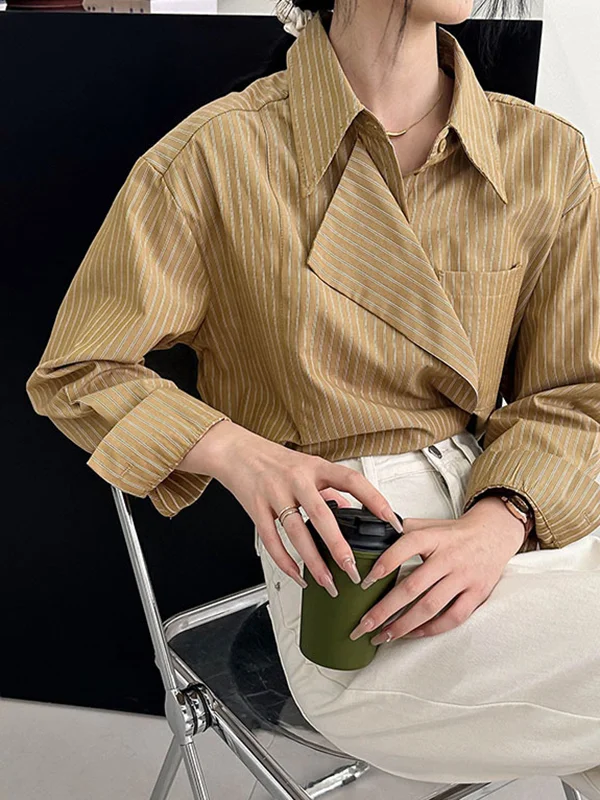 Asymmetric Split-Joint Striped Long Sleeves Loose Lapel Blouses