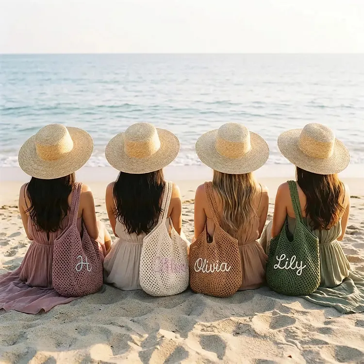 Personalised Straw Knitted Beach Bag and Crochet Tote - Unique Bridesmaid Gift Bags, Travel Wedding Favor, Bachelorette Trip Present