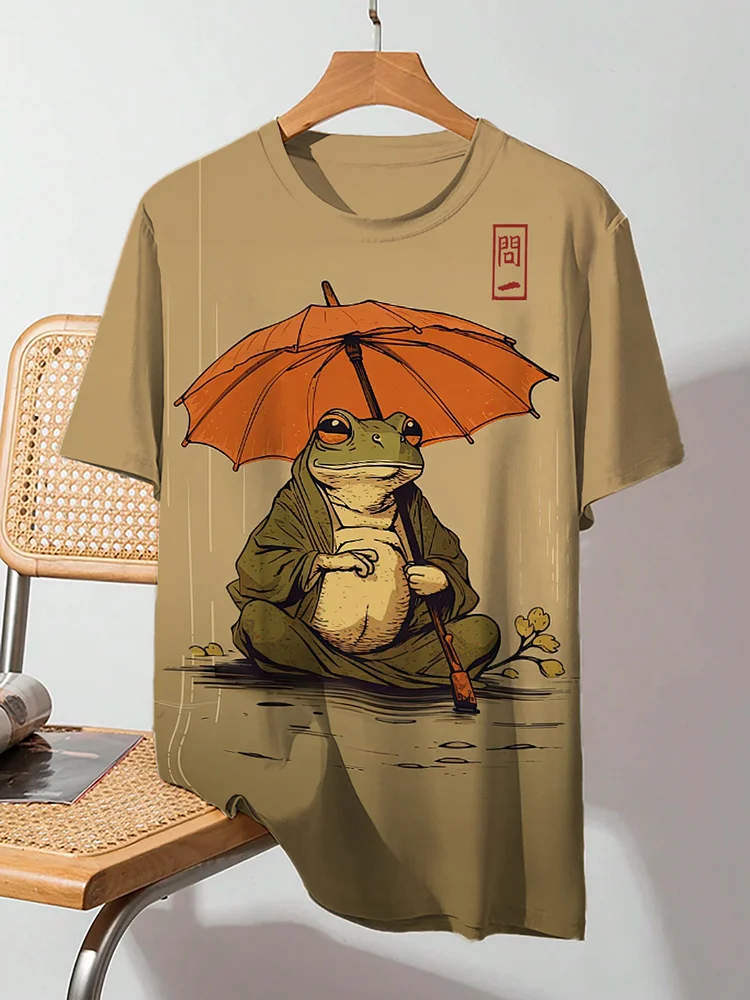Men's Retro Frog With Clothes Umbrella Japanese Art Print Casual T-Shirt
