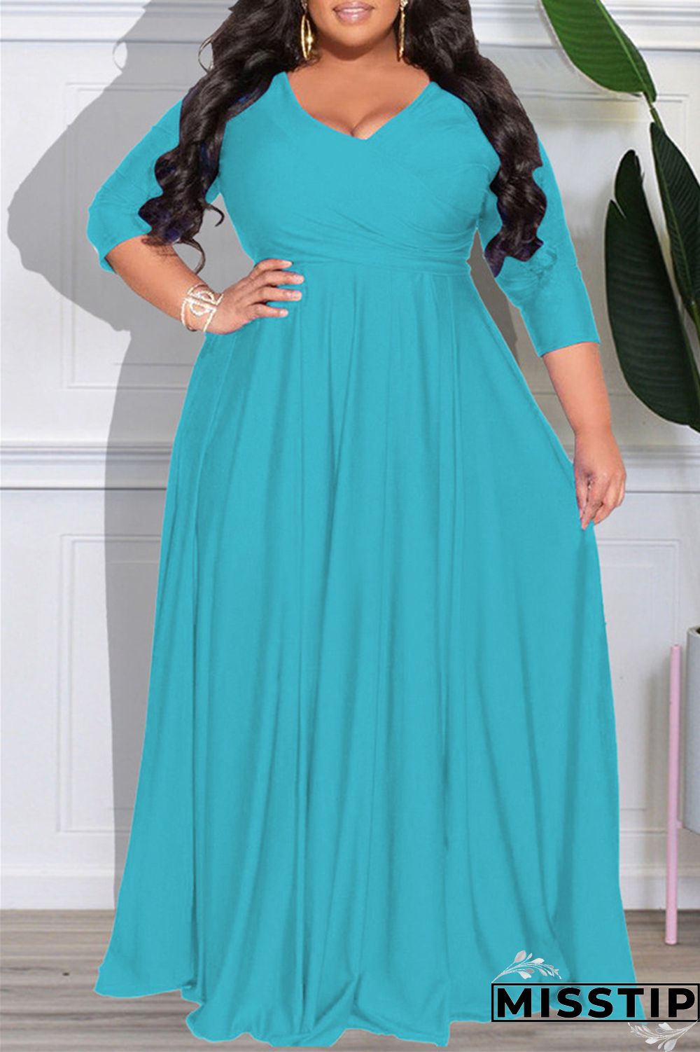 Dark Purple Casual Solid Patchwork V Neck Long Sleeve Plus Size Dresses