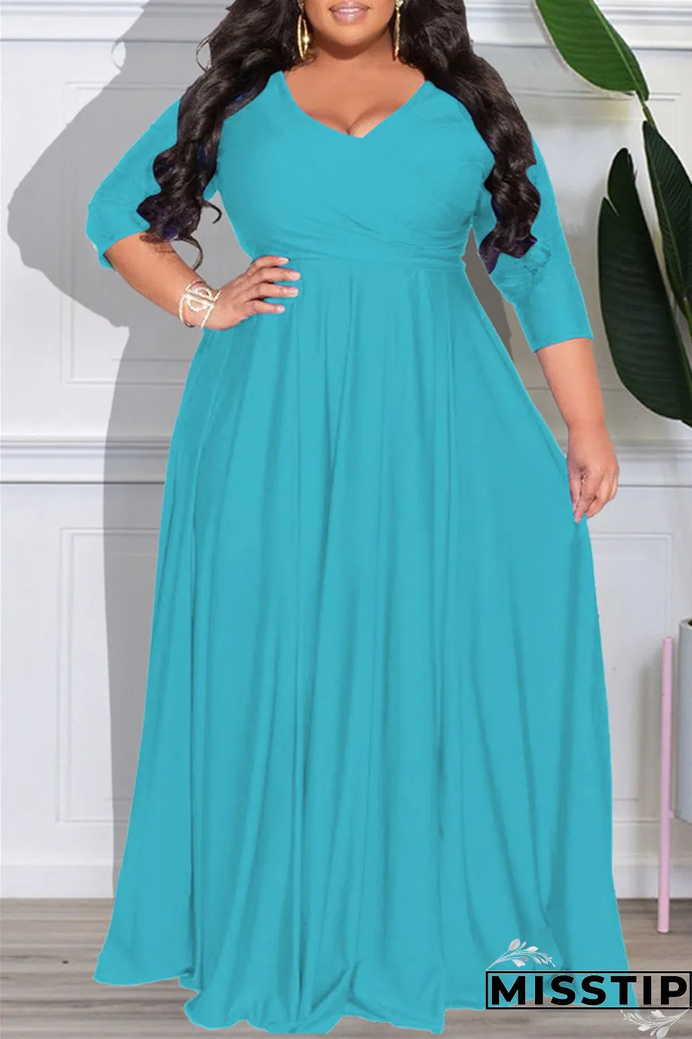 Dark Purple Casual Solid Patchwork V Neck Long Sleeve Plus Size Dresses