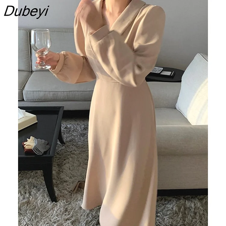 Dubeyi Korean Fashion Women Temperament Office Lady Elegant Work Basic Solid Black Vintage Long Dress Fenimine Vestidos 2-889