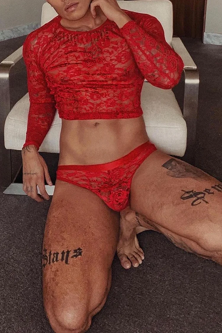 Ciciful See Through Lace Long Sleeve Red Crop Top Briefs Two Piece Set