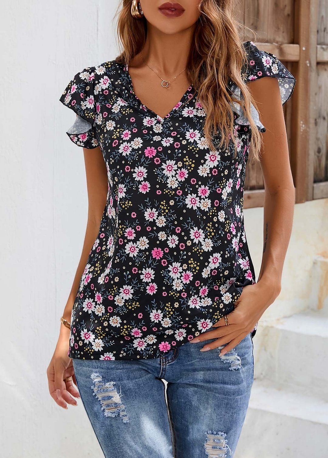 Black Ruffle Sleeve Floral Print T Shirt