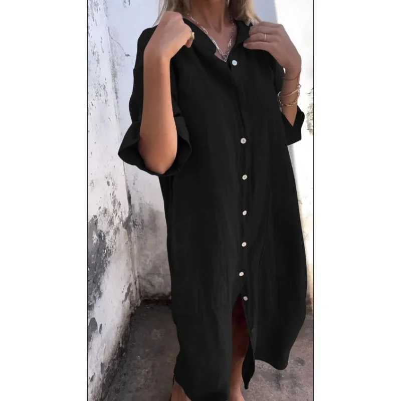 Nigikala Nigikala New Spring And Summer Loose Leisure Sleeve Cotton Shirt Dress Women