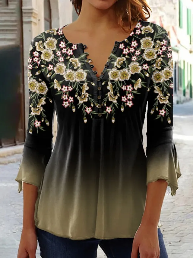 Womens Shirt Blouse Yellow Pink Blue Floral Button Print Length Sleeve Holiday Basic