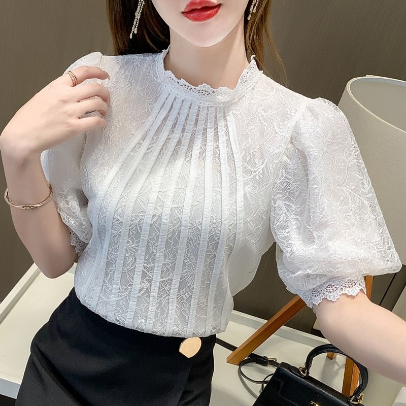 Elegant Crochet Women Lace Blouse White Blouse O-neck Women Tops Puff Sleeve Lace Shirt Plus Size Ladies Blusas Mujer 13908
