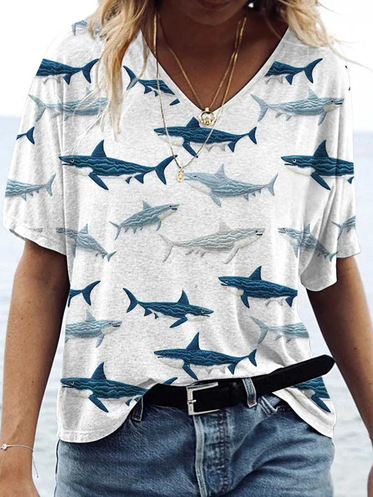 VChics Sharks Embroidery Art Casual Cozy V-Neck T-Shirt