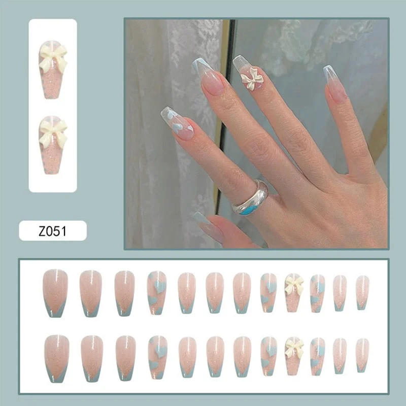 24pcs False Nails With Designs Full Cover Long Head Cute Blue Flower Fake Nail Wearable Finished Nail Piece With Glue Ty-Nail Inspo