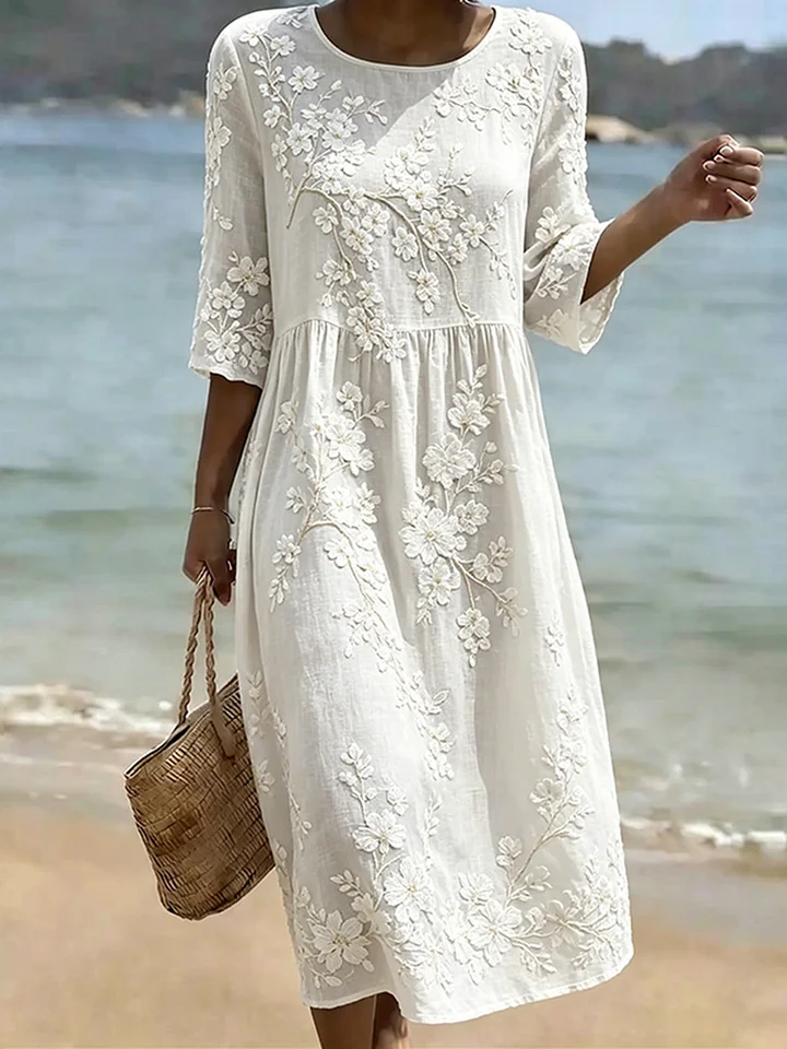 midi dress sakura white White Polyester Midi Dress with Vintage Pleated Shirt Design Off White / S