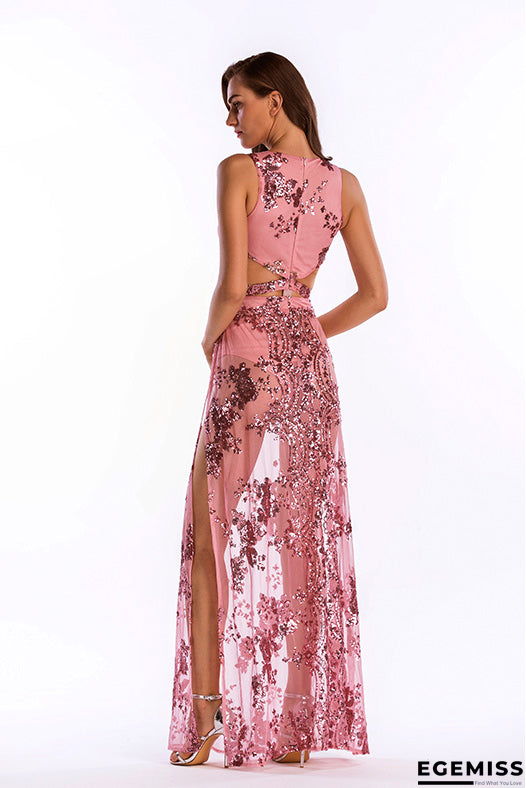 Pink V Neck Sequined Thigh-high Slit Cut Out Prom Dress | EGEMISS