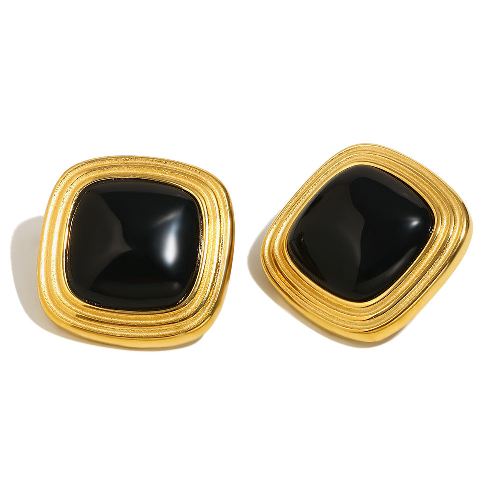 Hot Selling Second-Hand Niche Stainless Steel 18K Gold Plated Flower Pearl Pattern Square Black Jade Earrings For Women