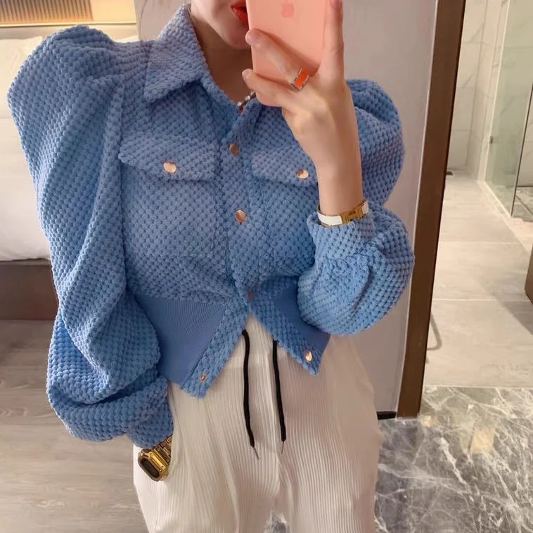 Women 2023 Autumn Winter Shirts Retro Cargo Style Pockets Long-Sleeved Shirt Puff Sleeve Bandage Nipped Waist Tops Female