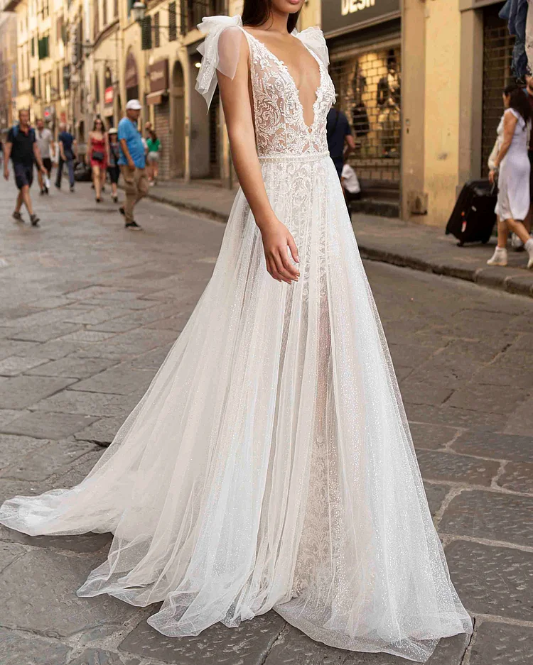 Romantic tie wedding evening dress