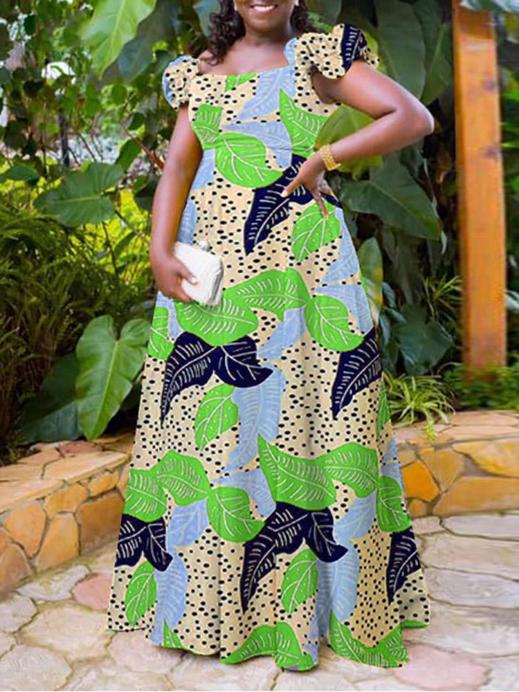 Leaves Dot Print Ruffle Sleeve Swing Maxi Dress SKUJ39980 QueenFunky