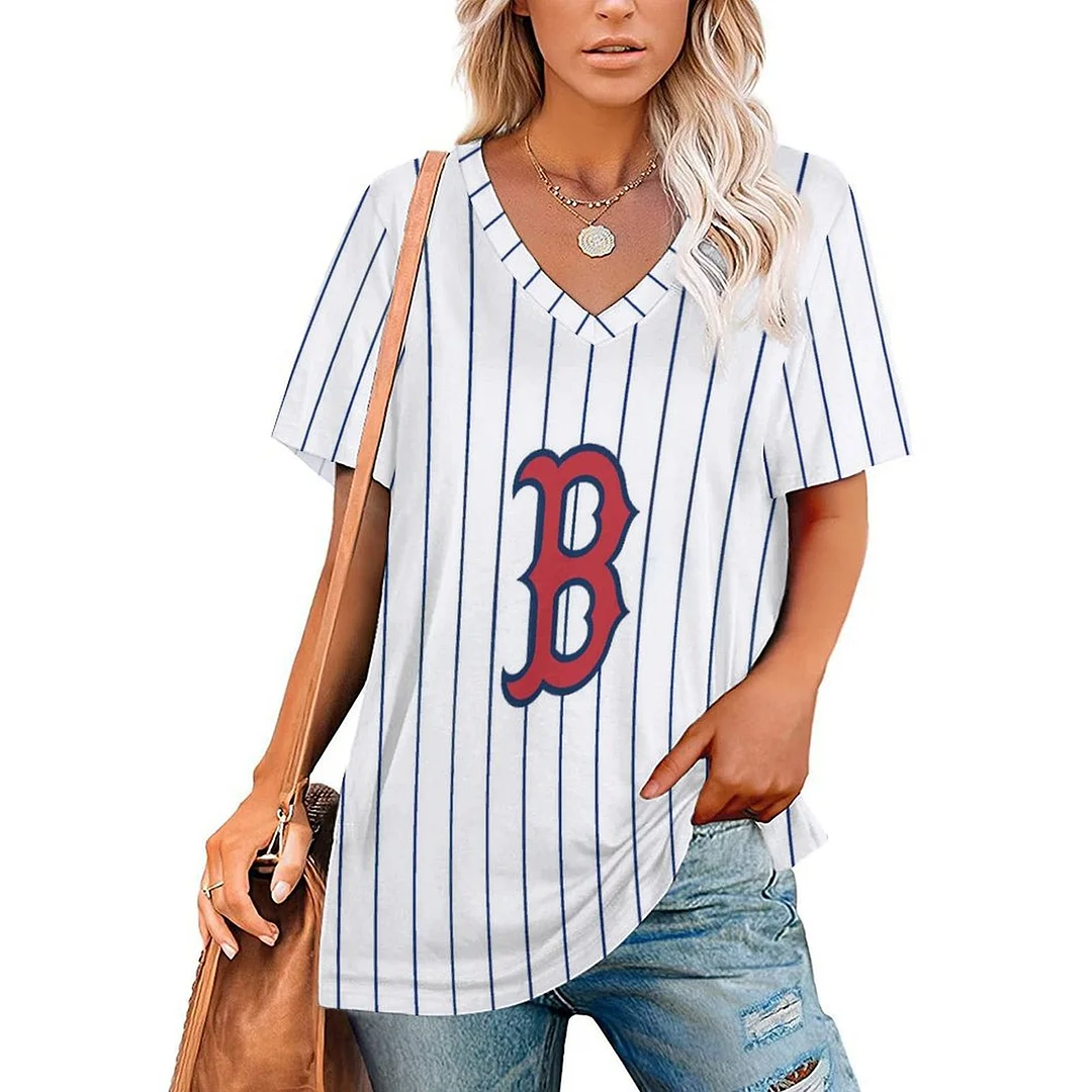 V-neck Short Sleeve Casual T-shirt for  Women Printed with Pattern Striped, Blue, Red