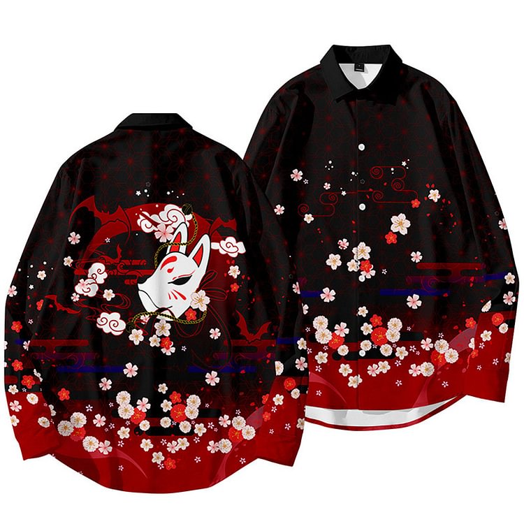 Vintage Sakura Fox Print Causal Polo Shirt   - Modakawa Modakawa