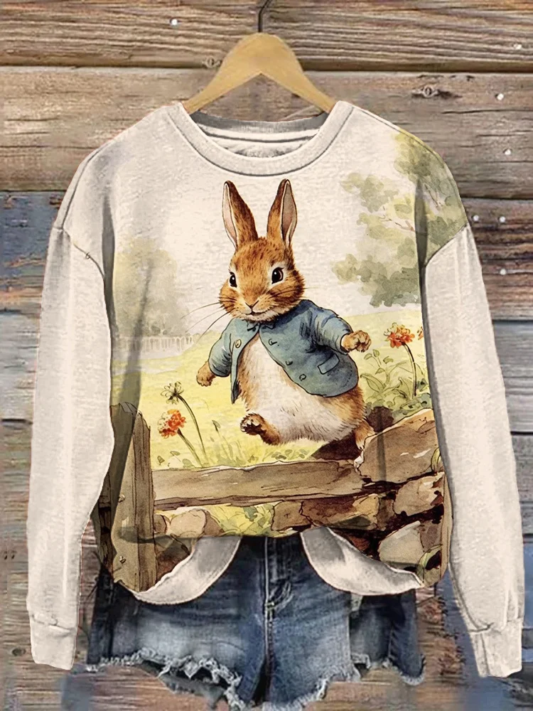 VChics Watercolor Bunny Art Painting Print Casual Cozy Sweatshirt