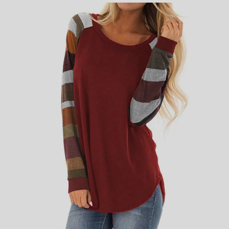 Round collar contrast stitching long-sleeved T-shirt