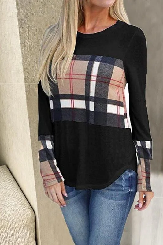 Fashion Lattice Patchwork Long Sleeve Top