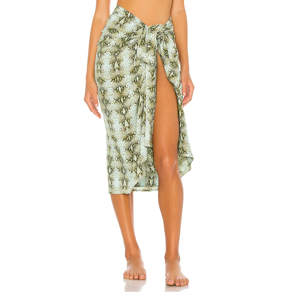 Khaki Snake Print Chiffon Beach Wrap Skirt