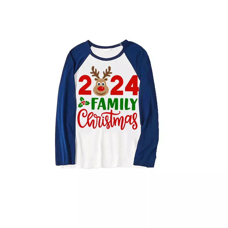 "2024 Family Christmas" Moose Letter Prints Blue & Black Plaid Family Matching White Pajamas With Dog