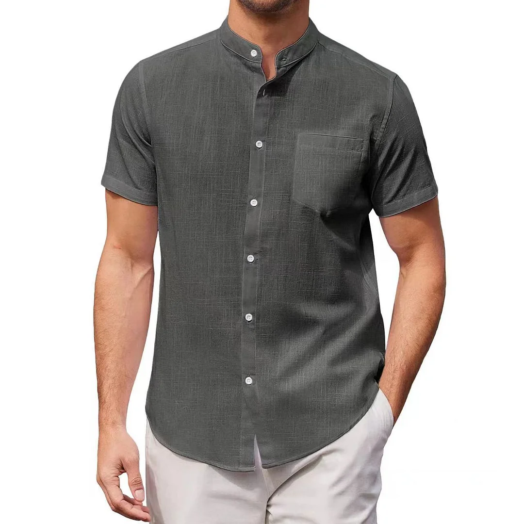 Men's Casual Short Sleeves Cotton Linen Stand Collar Pocket Shirt
