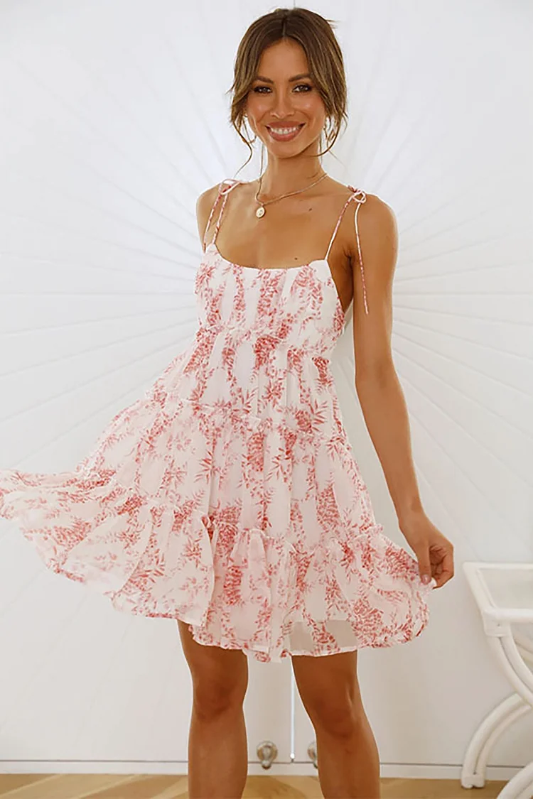 Floral Print Tied Up Cami Boat Neck Tiered Ruffle Backless Flowy Vacation Mini Dresses