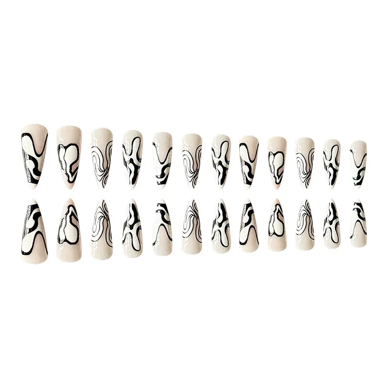 Churchf Churchf Long Pointed Sweet Black And White French Line Dairy Nail Piece Wearable Fake Nail Products Can Be Removed