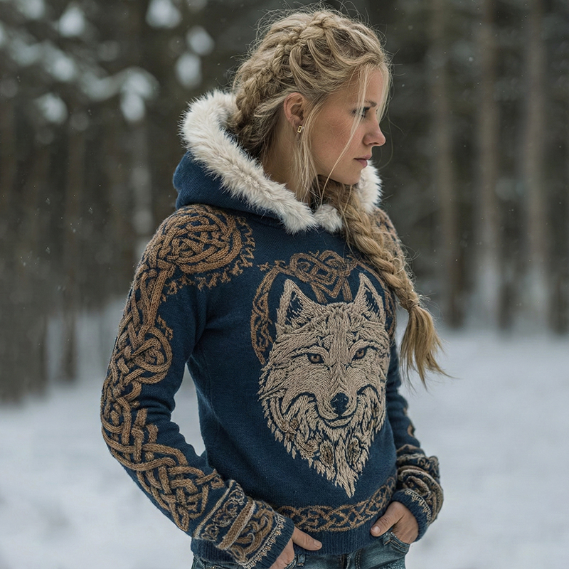 Women's Viking Wolf Celtic Knot Cozy Fur Trim Hooded Sweater elevenforest