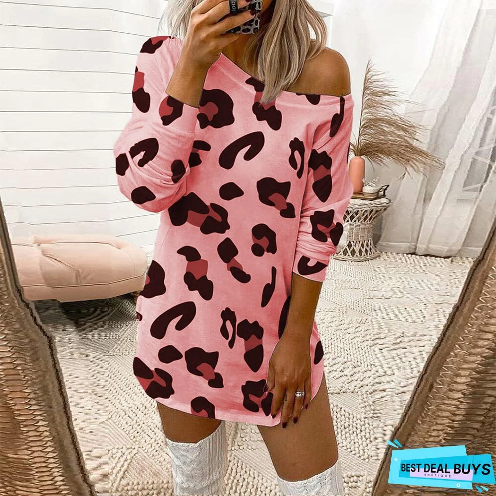 Sexy Leopard Print Off Shoulder Long Sleeve T-Shirt Dress Women White Dresses