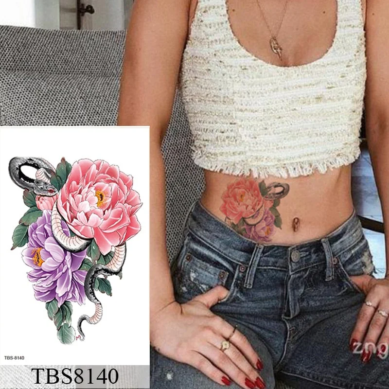 Waterproof Temporary Tattoo Sticker Flower Peony Rose Sketches Flash Tattoos Black Henna Body Art Arm Fake Tatoo Women Men