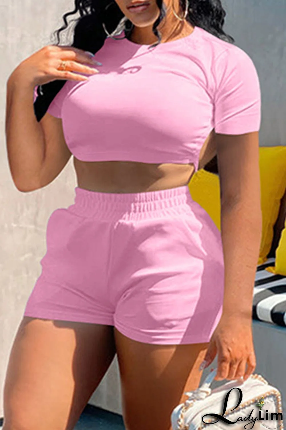 Pink Fashion Casual Solid Bandage Backless O Neck Short Sleeve Two Pieces