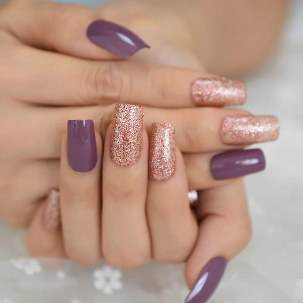 Taro Purple Square Fake Nails Mix Red Champagne Glitter Medium Press On Nails UV Shiny Nail Art Tips Including Glue Tabs