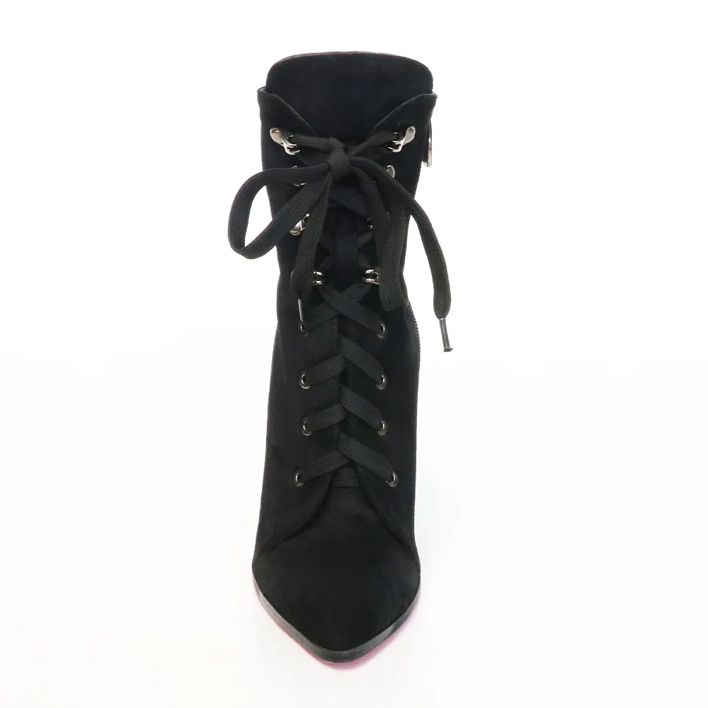 4.72" Women's Tether Sky High Heels Platform Ankle Boots Black Suede-vocosishoes