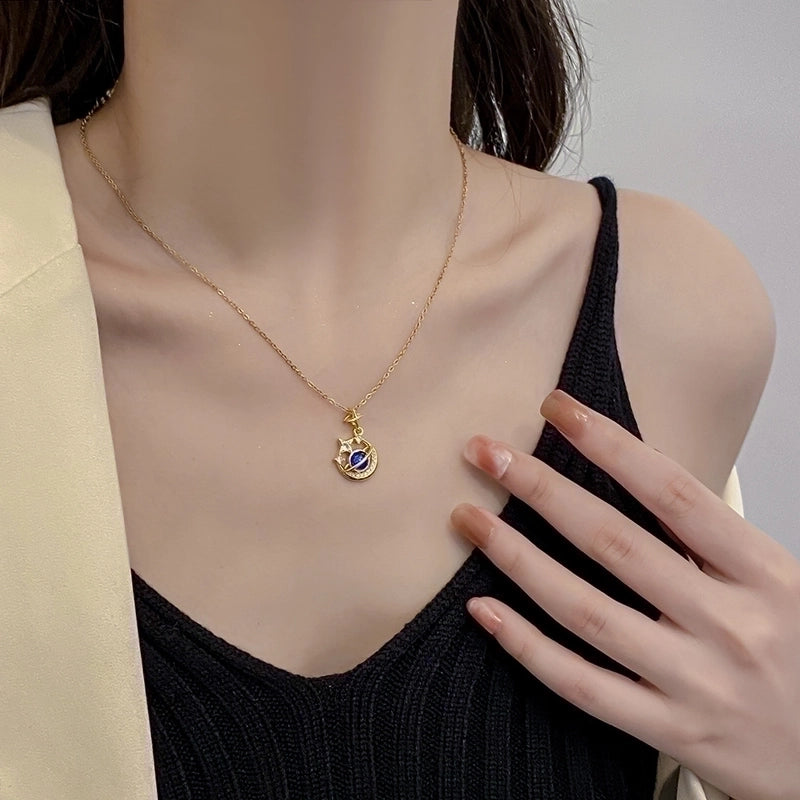 Minimalist Star Planet Titanium Steel Copper Plating Inlay Zircon Pendant Necklace