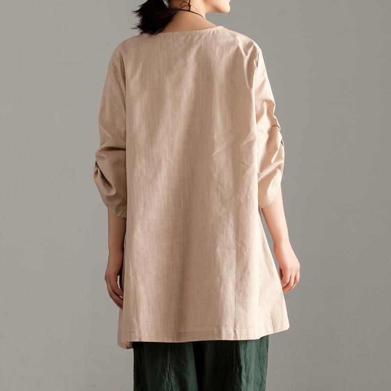 Elegant pure cotton tops oversize Casual Short Sleeve Khaki Pocket Long Tops