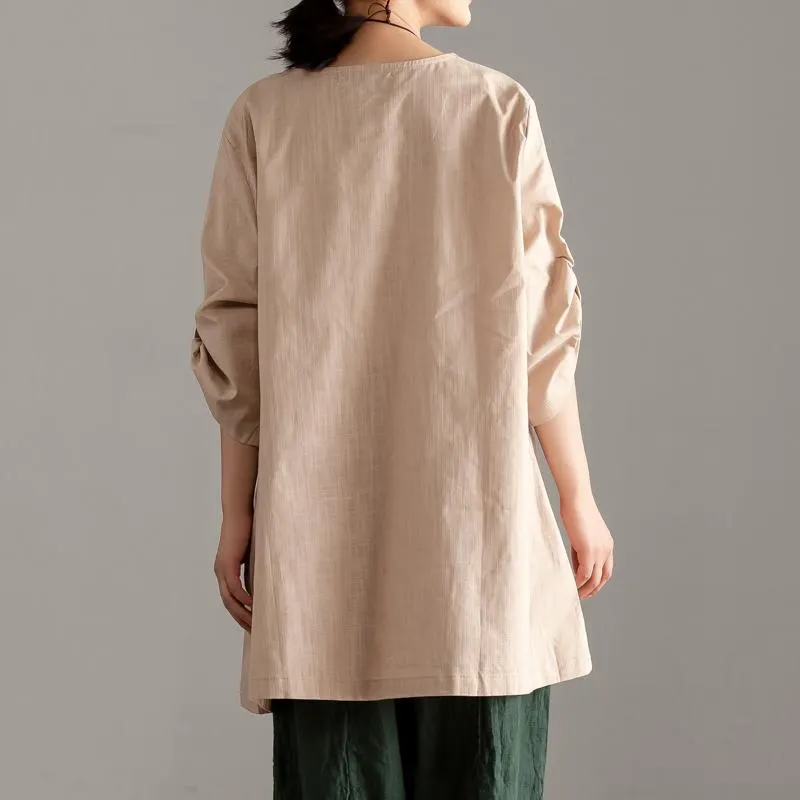 Elegant pure cotton tops oversize Casual Short Sleeve Khaki Pocket Long Tops