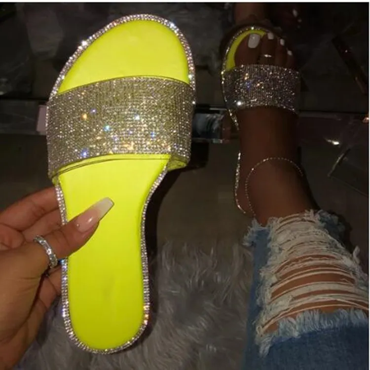 Breakj Breakj Summer Women's Flat Bottom Slippers Large Code New Bright Drill Flat Bottom Slippers Women Cold Slippers