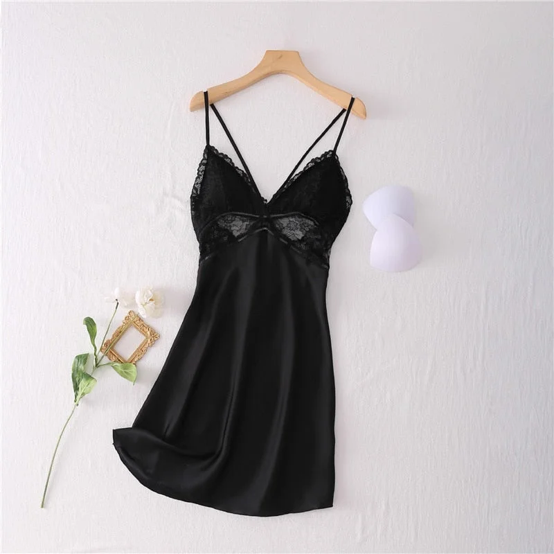 Sexy Nightdress Lace Nightgown Women's Lingerie Backless Lace V-neck Nightwear Imitate Ice Silk Night Dress Homewear for Female