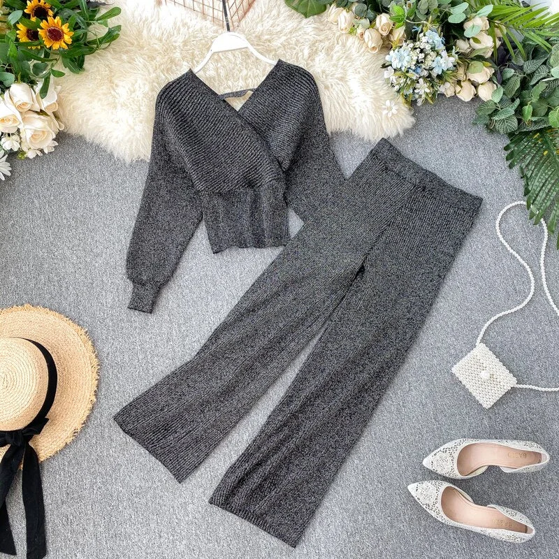 Croysier Knitted Two Piece Set V Neck Sweater Top And Ankle Length Wide Leg Pants Set Winter Clothes Women 2 Pieces Set Outfits