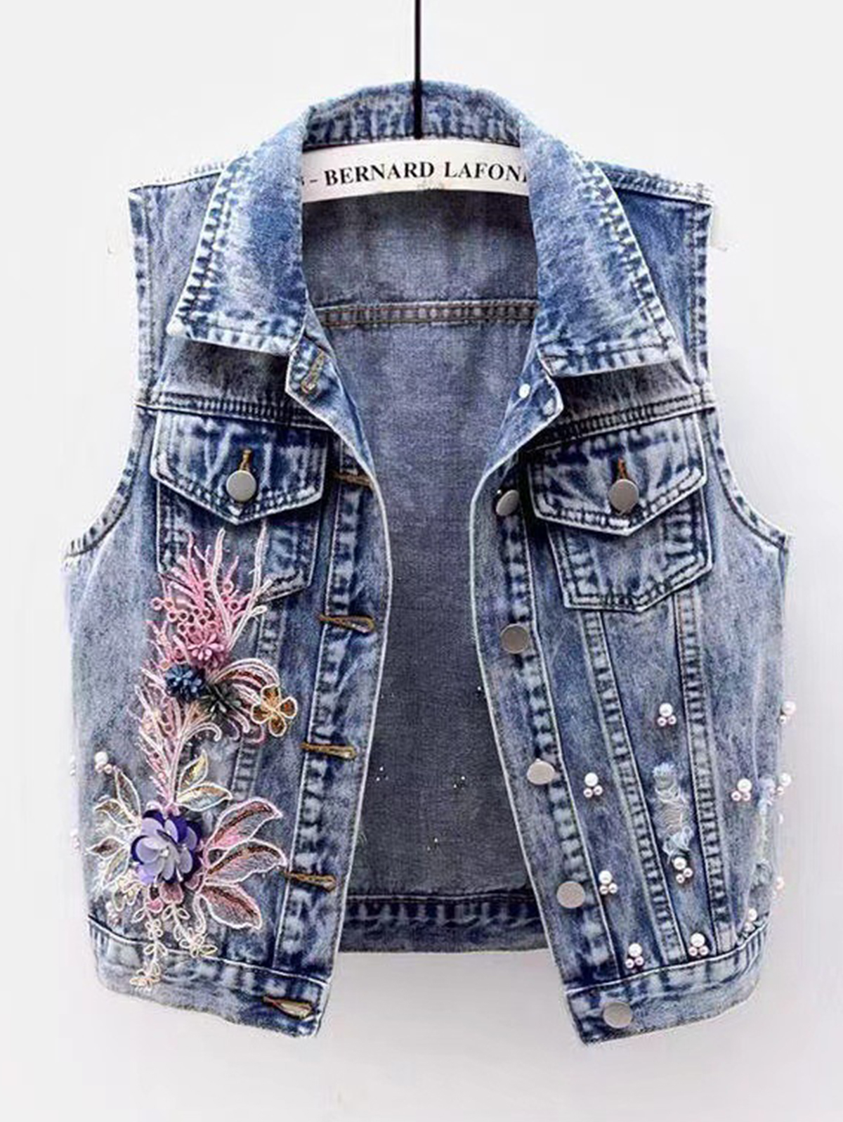 Applique Beaded Turndown Collar Button Denim Vest