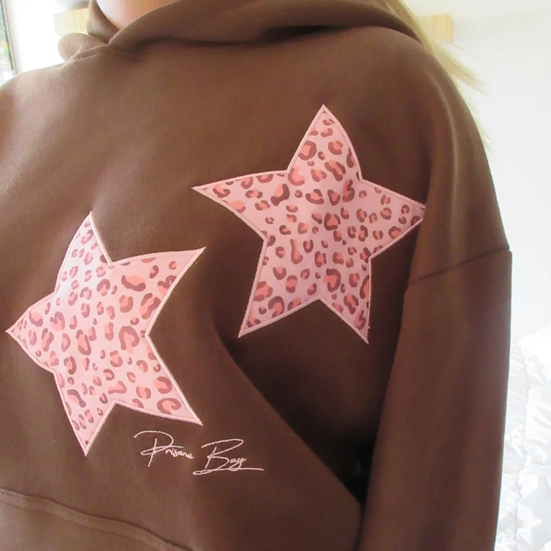 Women's Cocoa Brown Leopard Print Long Sleeve Minimalist Casual Daily Wear Loose Hoodie