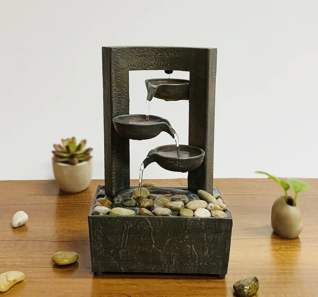 9.6" H Tiered Raining Spout Tabletop Water Fountain with Natural River Rocks (Power Cord Attached)