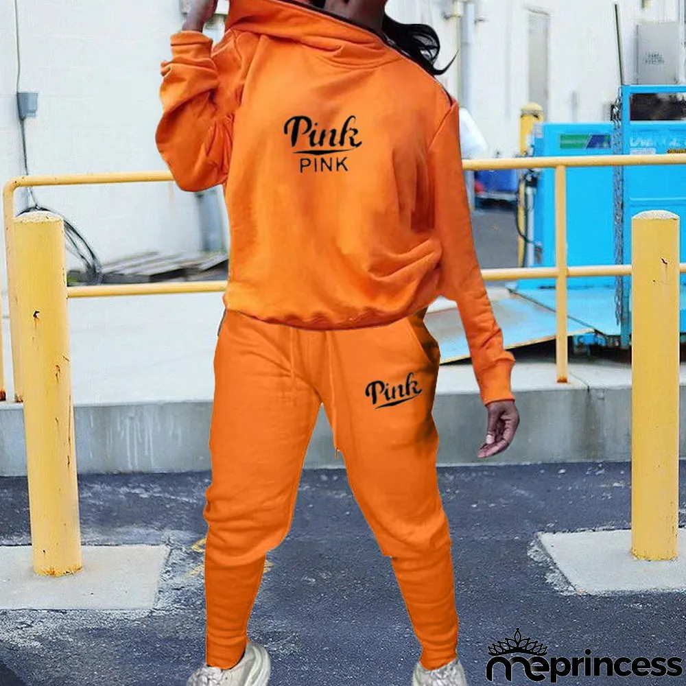 Plus Size Pink Letter Print Casual Two Piece Pants Set