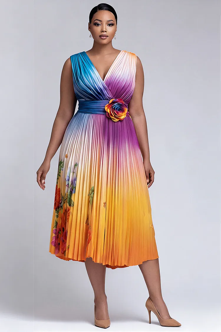 Xpluswear Design Plus Size Cocktail Party Multicolor All Over Print Wrap Neck 3D Pleated Satin Midi Dresses [Pre-Order] 2024 - Xpluswear